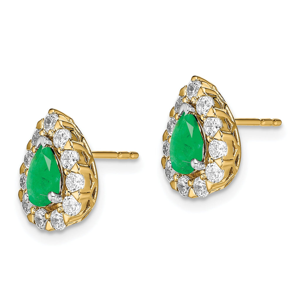14k Pear Emerald and Diamond Halo Post Earrings