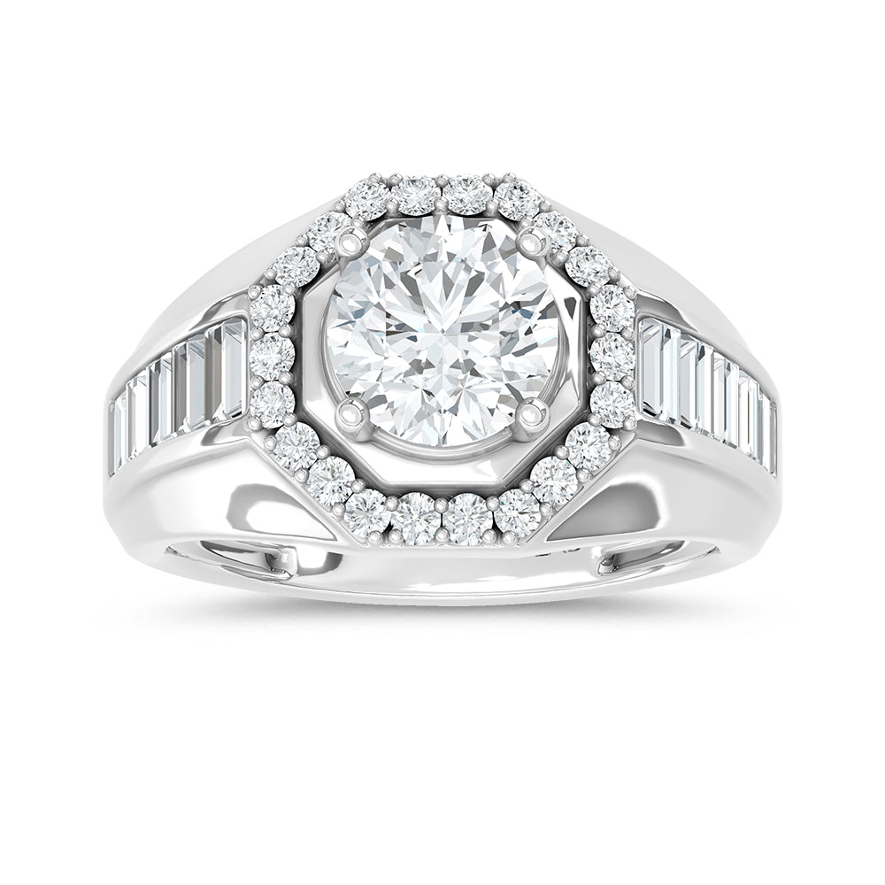 14K White Gold Lab Grown Diamond 3 Ct.Tw. Round and Straight Baguette Mens Fashion Ring (IGI Certified Center 2ct)