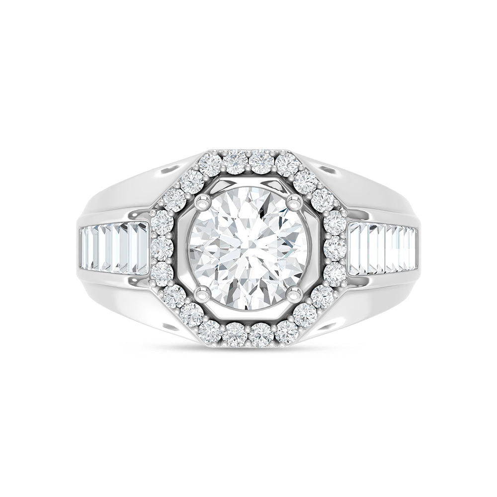 14K White Gold Lab Grown Diamond 3 Ct.Tw. Round and Straight Baguette Mens Fashion Ring (IGI Certified Center 2ct)