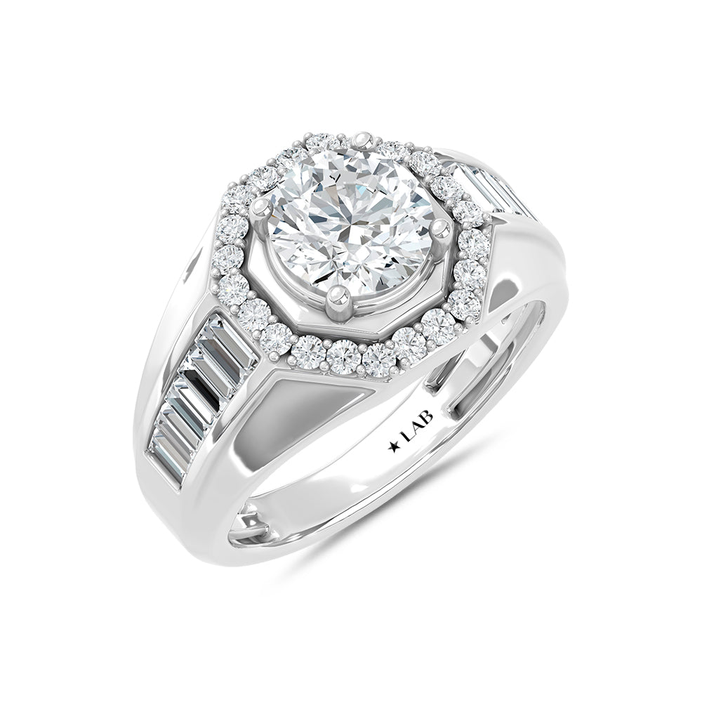 14K White Gold Lab Grown Diamond 3 Ct.Tw. Round and Straight Baguette Mens Fashion Ring (IGI Certified Center 2ct)