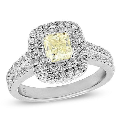 14KW 0.65CTW DOUBLE HALO RING W/ 1CT+ CUSHION CENT