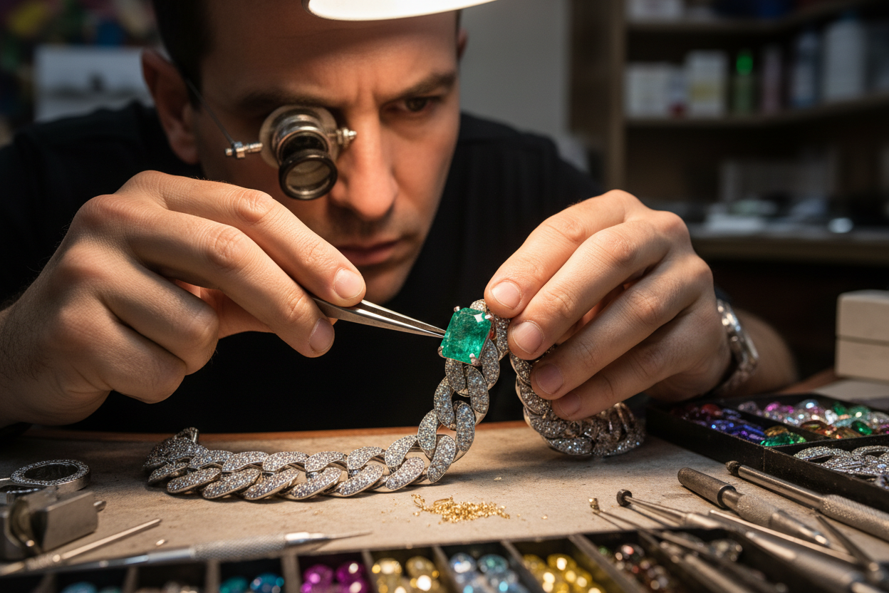 a jeweler setting a stone in a diamond cuban chain
